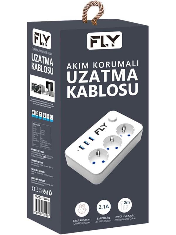 Fly 3406-01 3lü Anahtarlı 2.1A 3Usb Şarj Çıkışı 2mt Anahtarlı Akım Korumalı Priz Çocuk Koruması Fly 3406-01 3lü Anahtarlı 2.1A 3Usb Şarj Çıkışı 2mt Anahtarlı Akım Korumalı Priz Çocuk Koruması